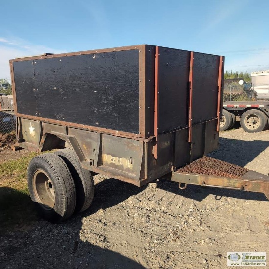 MILITARY CARGO TRAILER, SINGLE DUALLY AXLE, APPROX 6FT 3IN WIDE X 9FT LONG STEEL BOX, WITH SIDE BOAR