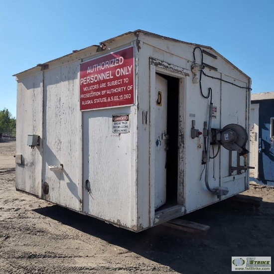 FUEL PUMP SHACK, APPROX 12FT 5IN WIDE X 12FT 2IN LONG X 10FT 6IN HIGH AT PEAK, APPROX 15FT LONG SKID