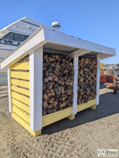 CUSTOM WOOD SHED, WOOD CONSTRUCTION, WITH METAL ROOF, WITH APPROX 1 CORD SPLIT FIREWOOD. WOOD CUT IN