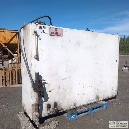 USED OIL TANK, APPROX 750GAL, BUILT IN CONTAINMENT, 106IN WIDE X 29IN DEEP X 72IN HIGH OVERALL, STEE