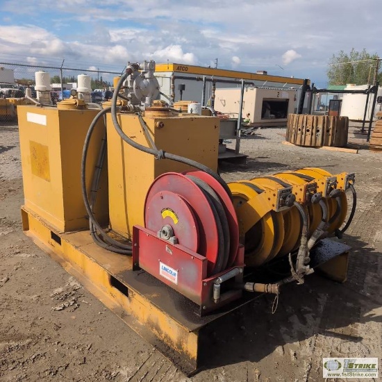 LUBE SKID, WITH 5EA STORAGE TANKS, HYDRAULIC PUMPS, HOSE REELS, 1EA GREASE BARREL WITH PUMP