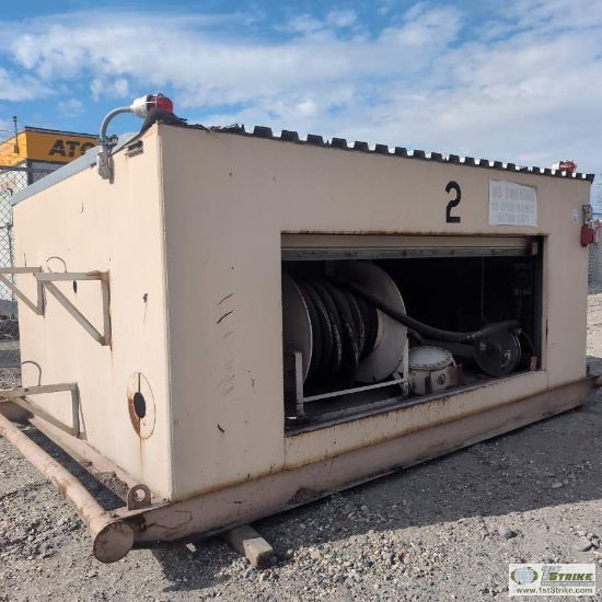 REFUELING SKID, APPROX 14FT3IN LONG X 8FT9IN WIDE X 6FT3IN TALL, WITH HOSE, HOSE REEL, SWITCH GEAR