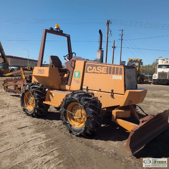 TRENCHER, CASE 760, 4 CYLINDER CUMMINS, FRONT PLOW BLADE, MODEL H939155 TRENCHER ATACHMENT