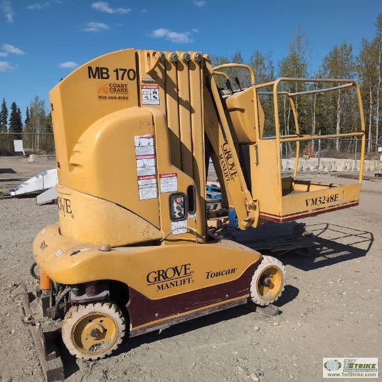 MAN LIFT, 1997 GROVE VM3248E TOUCAN, 24V ELECTRIC, 500LB CAPACITY, 32FT LIFT HEIGHT. UNKNOWN MECHANI