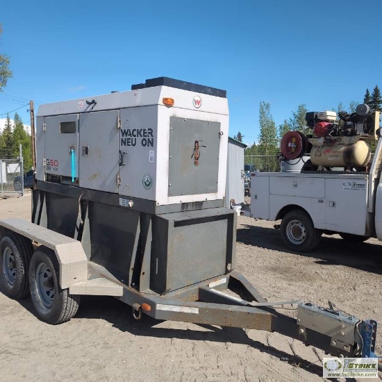 GENERATOR, 2013 WACKER NEUSON G50, 38KW, JOHN DEERE DIESEL ENGINE, TANDEM AXLE TRAILER MOUNTED
