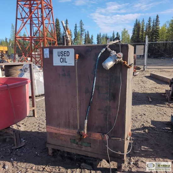 USED OIL TANK, APPROX 190GAL, 24IN DEEP, 38IN WIDE, 48IN HIGH, STEEL CONSTRUCTION, STAND MOUNTED