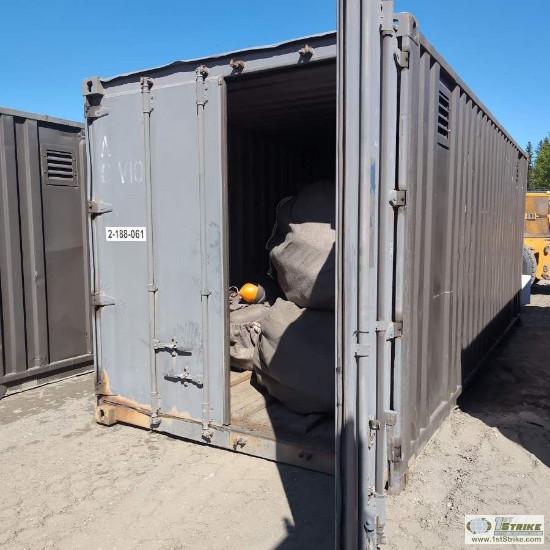 SHIPPING CONTAINER, CONEX TYPE, 20FT, WITH CONTENTS, INCLUDING OIL CONTAINMENT BOOM