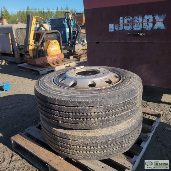 2 EACH. HEAVY TRUCK OR TRAILER WHEELS AND TIRES, 255/70R22.5, 10-LUG ALCOA ALUMINUM WHEELS