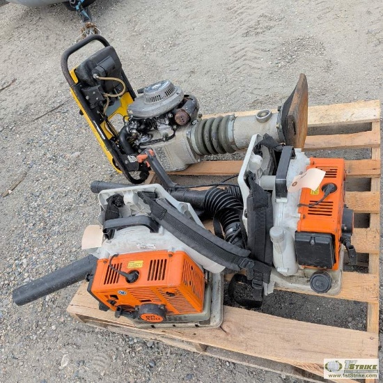 1 Pallet. Misc Tools Incl: 1ea Compactor, Stand Up Type, Wacker Neuson, Gas Engine, 2ea Leaf Blowers