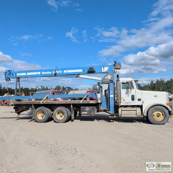 CRANE TRUCK, 1997 PETERBILT, CAT 3306 ENGINE, EATON FULLER TRANSMISSION, TANDEM REAR AXLES, 60,011LB