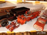 LARGE METAL FIRE ENGINE, (2) SMALL TOY TRUCKS COLLECTIBLE TOY