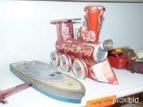 COCA COLA TRAIN, WOOD MILITARY BOAT COLLECTIBLE TOY