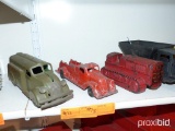 (2) METAL TRUCK TOYS, (1) METAL CRAWLER TRACTOR COLLECTIBLE TOY