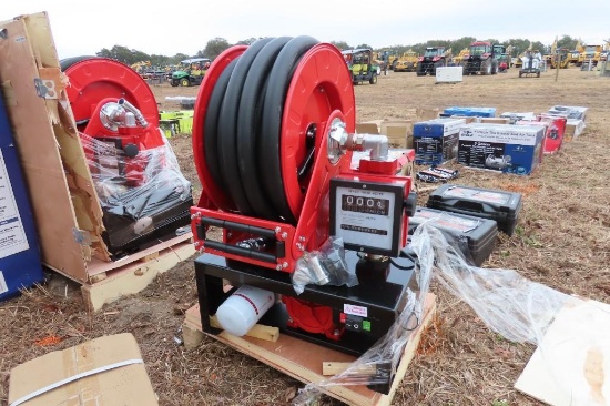 NEW 1" 110 VOLT FUEL HOSE REEL & PUMP NEW SUPPORT EQUIPMENT