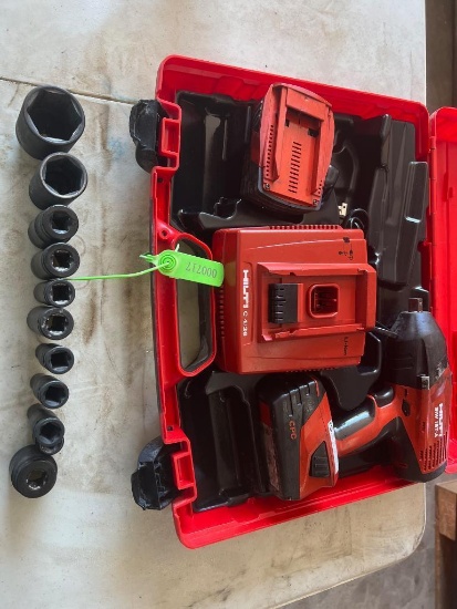 HILTI SIW 18T-A 1/2IN. HIGH TORQUE IMPACT SUPPORT EQUIPMENT SN:2 batteries, charger, socket kit & to