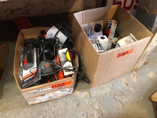 BOX OF ASSORTED FRAMING TOOL FUEL & BOX OF MISC. BATTERIES & CHARGERS SUPPORT EQUIPMENT