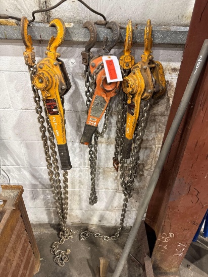 (2) HARRINGTON 3 TON LEVER HOISTS & (1) CM 1.5 TON LEVER HOIST SUPPORT EQUIPMENT. Selling Offsite: 5