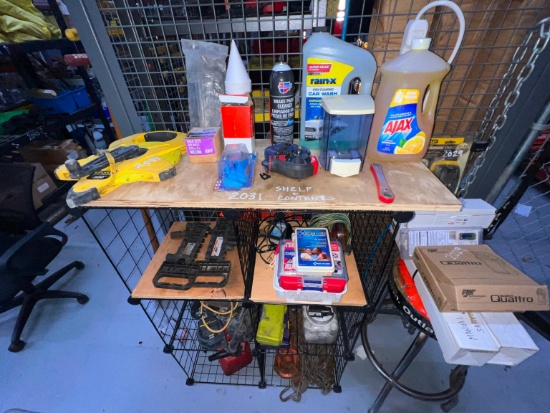 SHELF CONTENTS: 300FT. TAPE MEASURE, FIRST AID KITS, SOCKETS, DRILL BITS, SAFETY HARNESS, CHAINS,