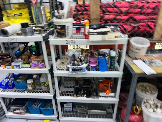 PLASTIC 4-SECTIN SHELF & CONTENTS: PAINTING SUPPLIES, TROWELS, ROLLERS, MASKING TAPE, METAL BOND,