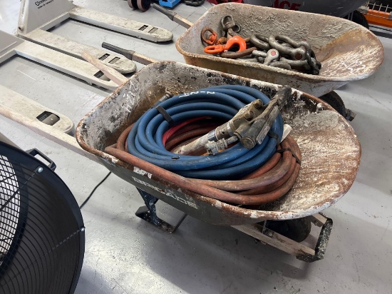 WHEELBARROW & CONTENTS: SULLAIR 60LB. JACK HAMMER & JACK HAMMER HOSE SUPPORT EQUIPMENT