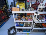 PLASTIC 4-SECTION SHELF & CONTENTS: PVC CEMENT, TAPE, SCREWS, BOLTS, FASTENERS, ECT. SUPPORT