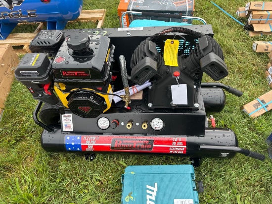 NEW POWERTRAIN 10 GAL WHEELBARROW/CONTRACTOR AIR COMPRESSOR, W/ V-TWIN CAST IRON PUMP, 135 PSI, 11.2