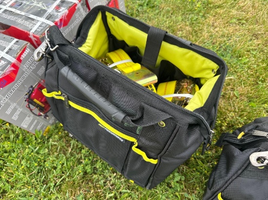 NEW 1 1/2" X 15' TUFF TOW RATCHET STRAPS W/ 12" PROFESSIONAL TOOL BAG (8 PCS ) NEW SUPPORT EQUIPMENT
