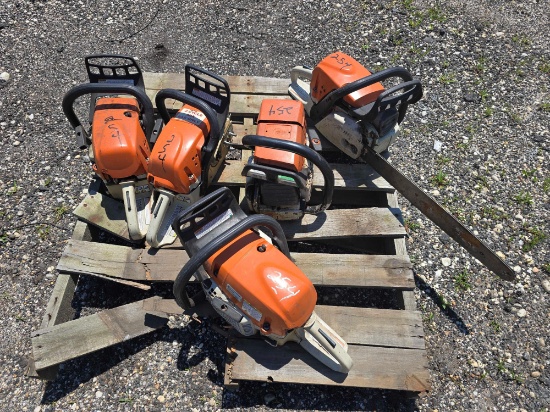 (5) STIHL 2 CYCLE GAS CHAINSAWS SUPPORT EQUIPMENT