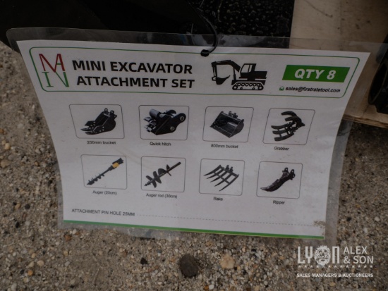 NEW MIVA 8 PC. PACKAGE EXCAVATOR ATTACHMENT includes quick hitch, rake, ripper, graber, auger, 12in.