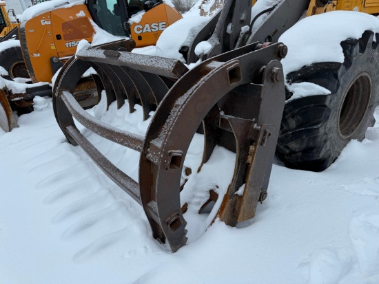 PEMBERTON LOG GRAPPLE RUBBER TIRED LOADER ATTACHMENT with Volvo coupler hooks.