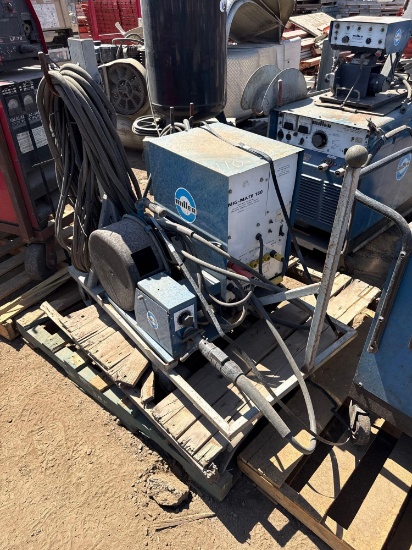 MILLER MIG-MATE 150 DC ARC WELDING POWER SOURCE & WIRE CONTROL FEEDER SYSTEM, WHEEL KIT WELDER