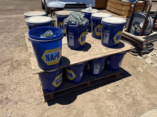 2 PALLETS WITH (20) PAILS OF TIRE CHAINS SUPPORT EQUIPMENT
