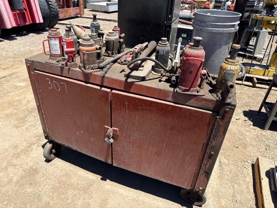 ROLLING 2 DOOR SHOP CABINET WITH (13) ASST'D BOTTLE JACKS & (2) MANUAL HYDRAULIC PUMPS SUPPORT