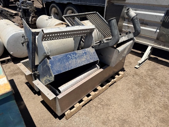 Pallet With Truck Parts: Radiator, Aluminum Saddle Tank, Aluminum Diamondplate Boxes Support