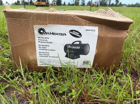 NEW MR. HEATER 60,000 BTU FORCED AIR HEATER NEW SUPPORT EQUIPMENT