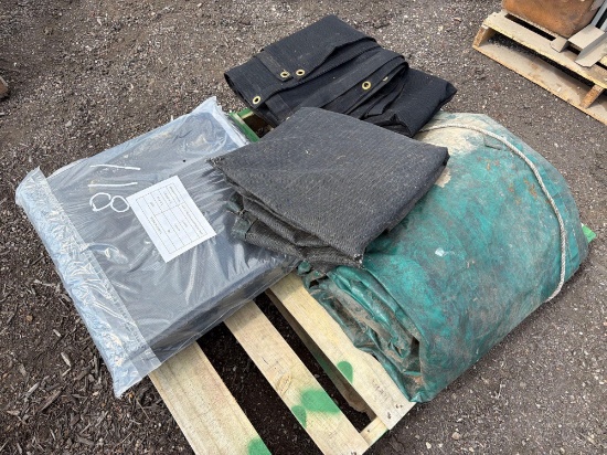 PALLET OF BLACK SHADE MESH TARPS: 10FT.x 12FT.; (1) TARP SUPPORT EQUIPMENT