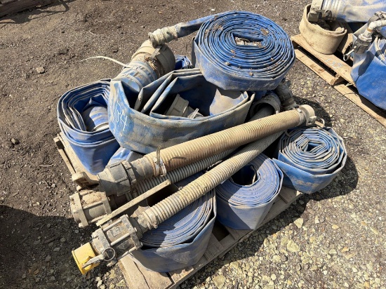 PALLET OF 3IN., 4IN. & 6IN. LAYFLAT PUMP DISCHARGE HOSE & (2) VALVES SUPPORT EQUIPMENT
