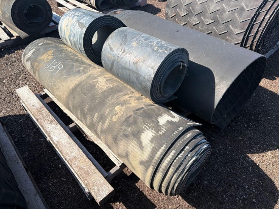 (4) ASSORTED SIZE ROLLS OF USED CONVEYOR BELT CONVEYOR PART