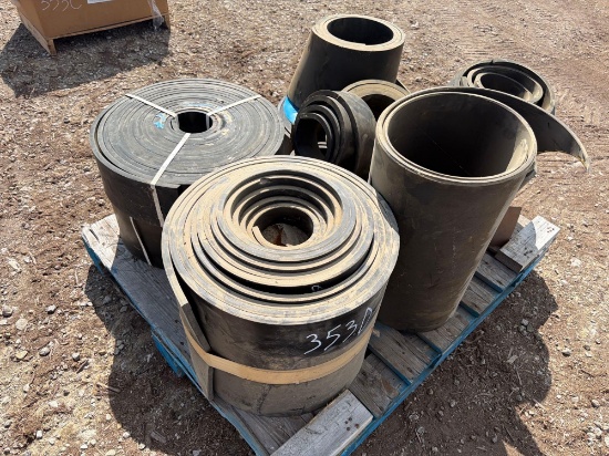 PALLET OF ASSORTED SIZE SKIRT RUBBERS: (2) NEW 4IN.; NEW 6IN.; NEW 8IN., MISC SUPPORT EQUIPMENT