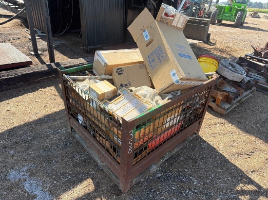 CRATE OF ASSORTED COLOR MACHINE PARTS: HOSES, COLLARS, WATER METER, GEAR BOX SUPPORT EQUIPMENT