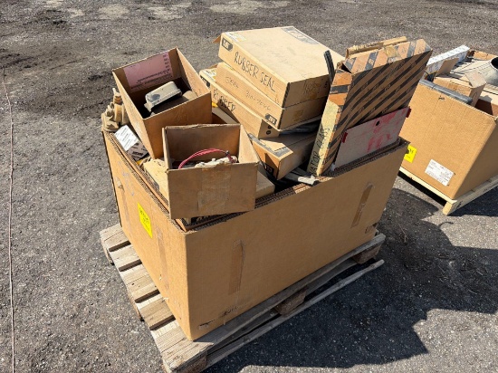 CRATE OF ASSORTED PARTS: EXHAUST PARTS; GLASS; SEALS; MISC SUPPORT EQUIPMENT