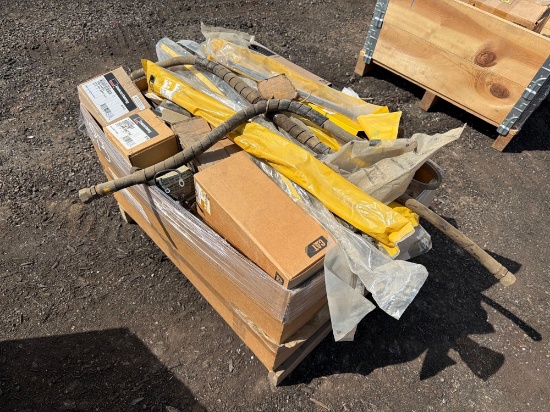 CRATE OF ASSORTED PARTS: WIPERS, FILTERS, BELTS, LIGHTS SUPPORT EQUIPMENT