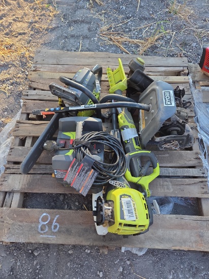 Pallet Of: Ryobi 1600 Psi Electric Pressure Washer, Ryobi Chainsaw, Ryobi 4 Cycle, Ryobi Tiller,