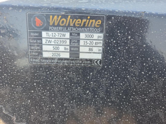 NEW WOLVERINE TL-12-72W 72IN. TILLER SKID STEER ATTACHMENT