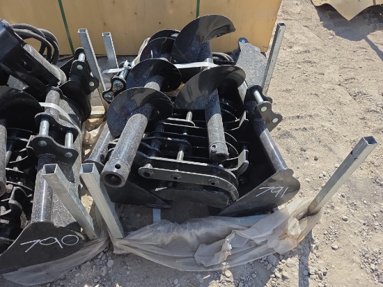 NEW (10) EXCAVATOR ATTACHMENT includes 8in., 20in., 32in., ripper, rake, grabber, auger, auger rod,