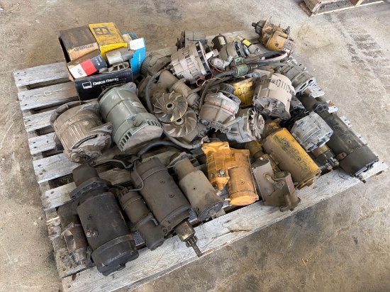 PALLET OF MISC TRUCK PARTS, STARTERS, ALTERNATORS SUPPORT EQUIPMENT