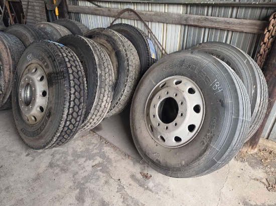 (6) NEW TRUCK TIRES W/ RIMS (11R22.5) SUPPORT EQUIPMENT