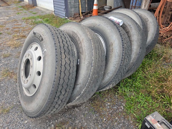 (6) USED TRUCK TIRES W/ RIMS (11R22.5) SUPPORT EQUIPMENT