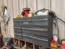 GREY TOOL BOX WITH MISC TOOLS SUPPORT EQUIPMENT