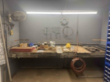 SUPPORT ON WALL, TABLE, UNDER TABLE - TOOLS, WRENCHES, SPROCKETS, GASKETS, BOLTS, SCREWS, RADIATORS
